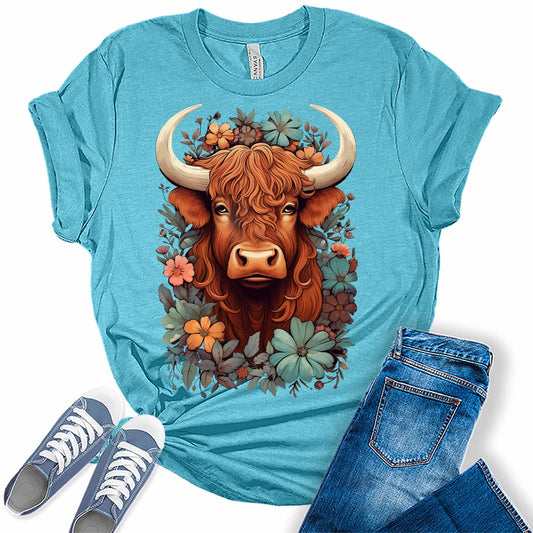 Highland Cow Shirt Cute Cowgirl Tshirt Plus Size Graphic Tees for Women Short Sleeve Summer Tops