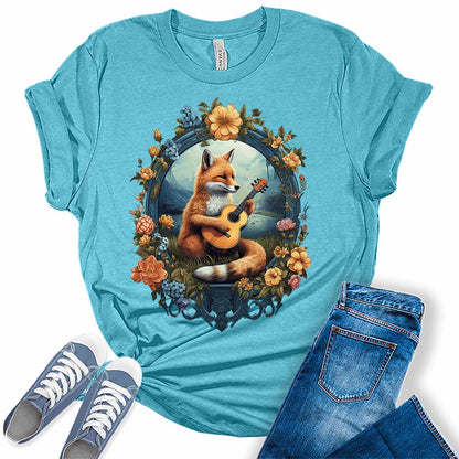 Womens Fox Shirt Cottagecore Aesthetic Cute Animal Playing Guitar Tshirts Short Sleeve Bella Graphic Tees Casual Summer Tops