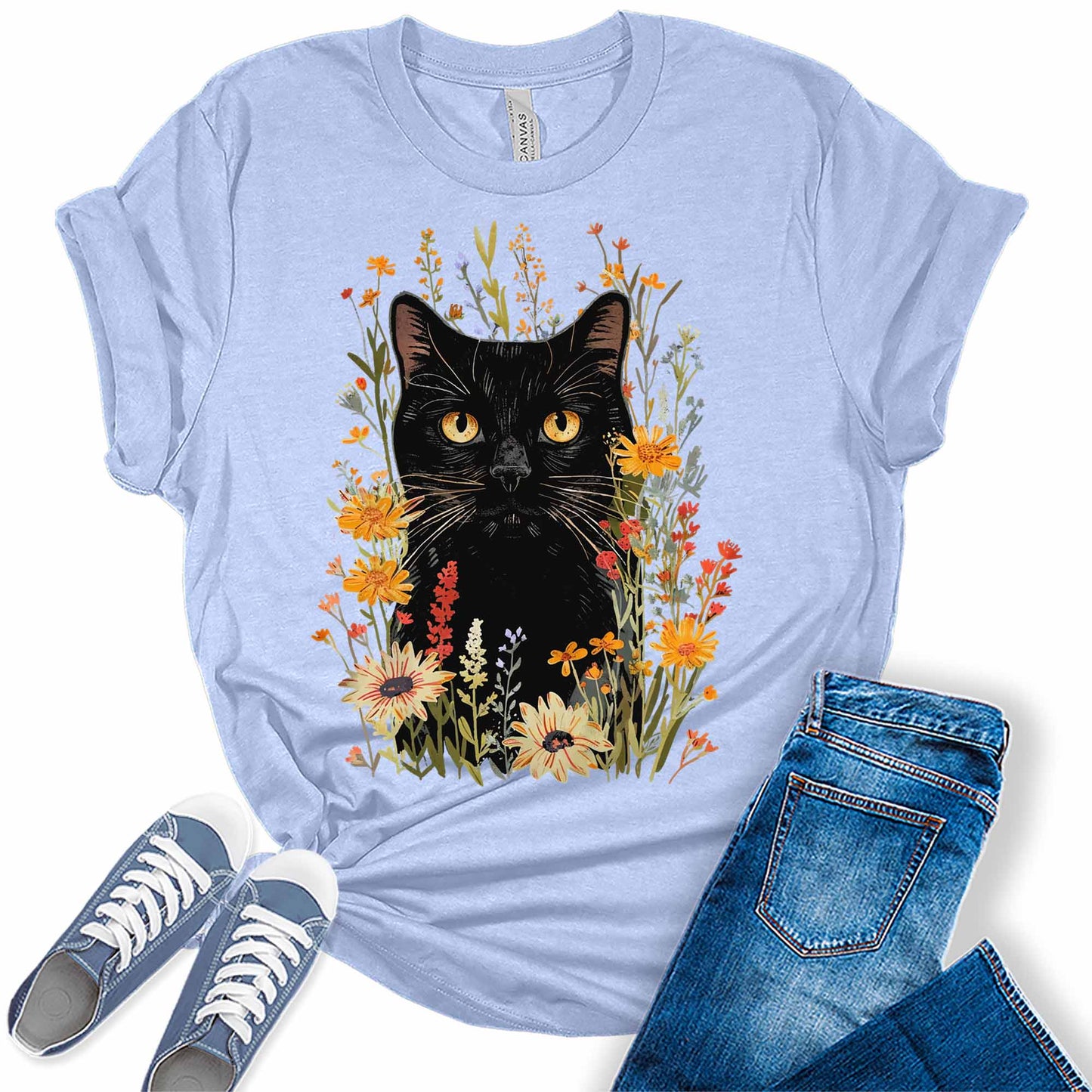 Trendy Black Cat Wildflowers Graphic Tees for Women