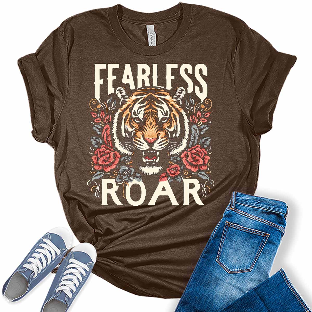 Womens Tiger Shirts Fearless Roar Letter Print Tshirt Vintage Graphic Tees