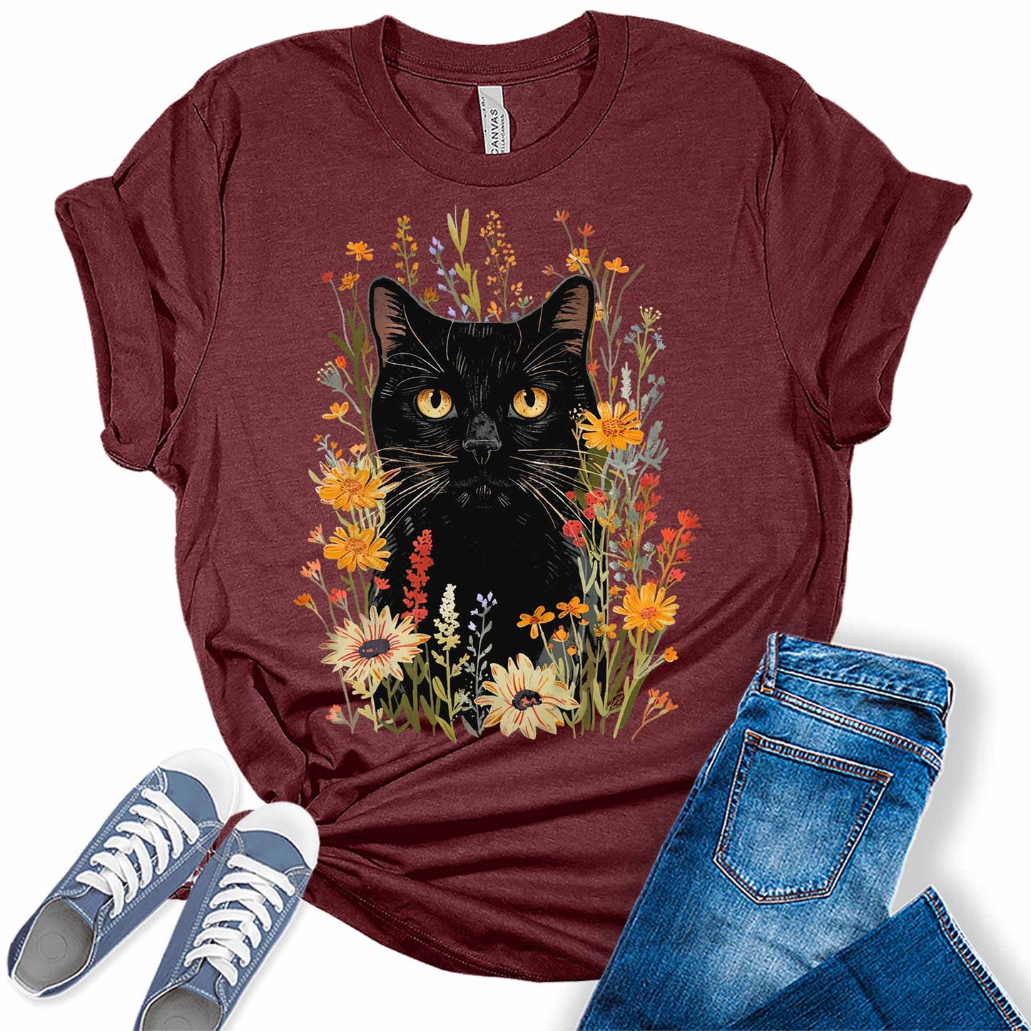 Trendy Black Cat Wildflowers Graphic Tees for Women
