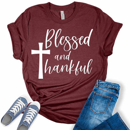 Blessed and Thankful Thanksgiving Shirt for Women Christian Cross Graphic Tee