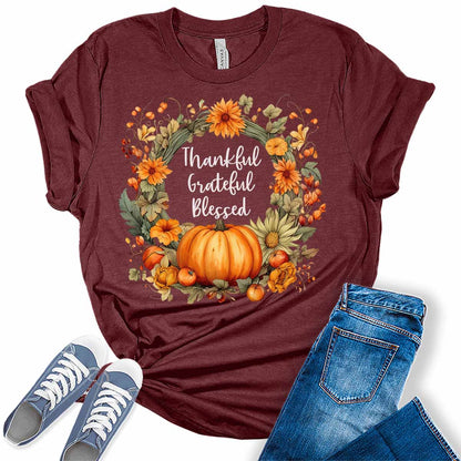 Womens Thanksgiving Shirt Fall Graphic Tees Cute Thankful Grateful Blessed Tshirt Vintage Floral Short Sleeve Tops