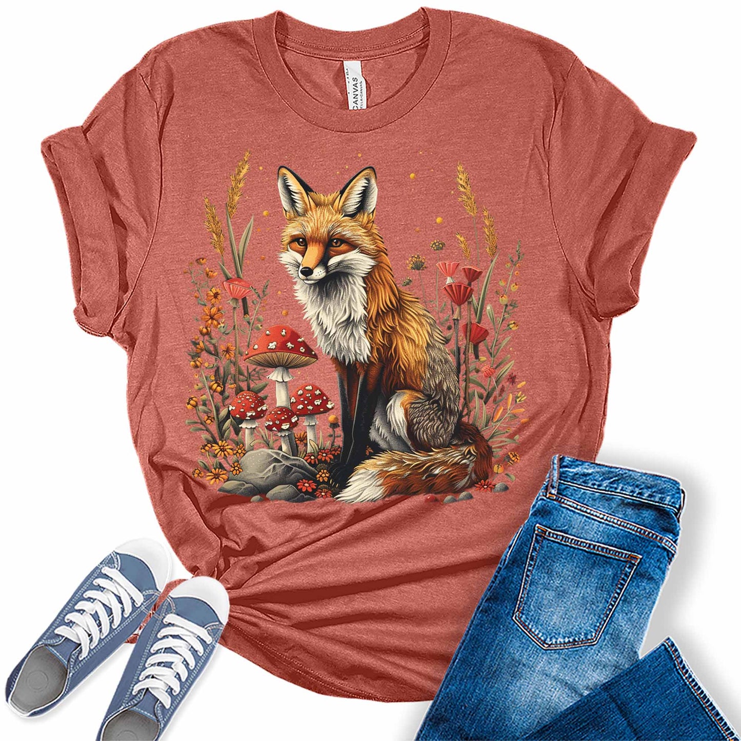 Fox Shirt Mushroom T Shirt Cottagecore Aesthetic Trendy Graphic Tees for Women