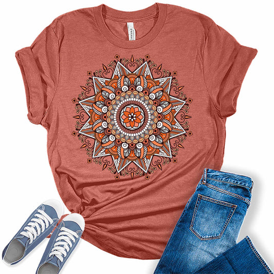 Orange Mandala Shirt Casual Vintage Graphic Tees for Women Short Sleeve Plus Size Summer Tops