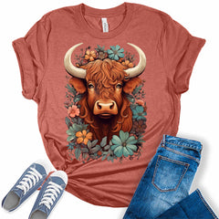 Highland Cow Shirt Cute Cowgirl Tshirt Plus Size Graphic Tees for Women Short Sleeve Summer Tops