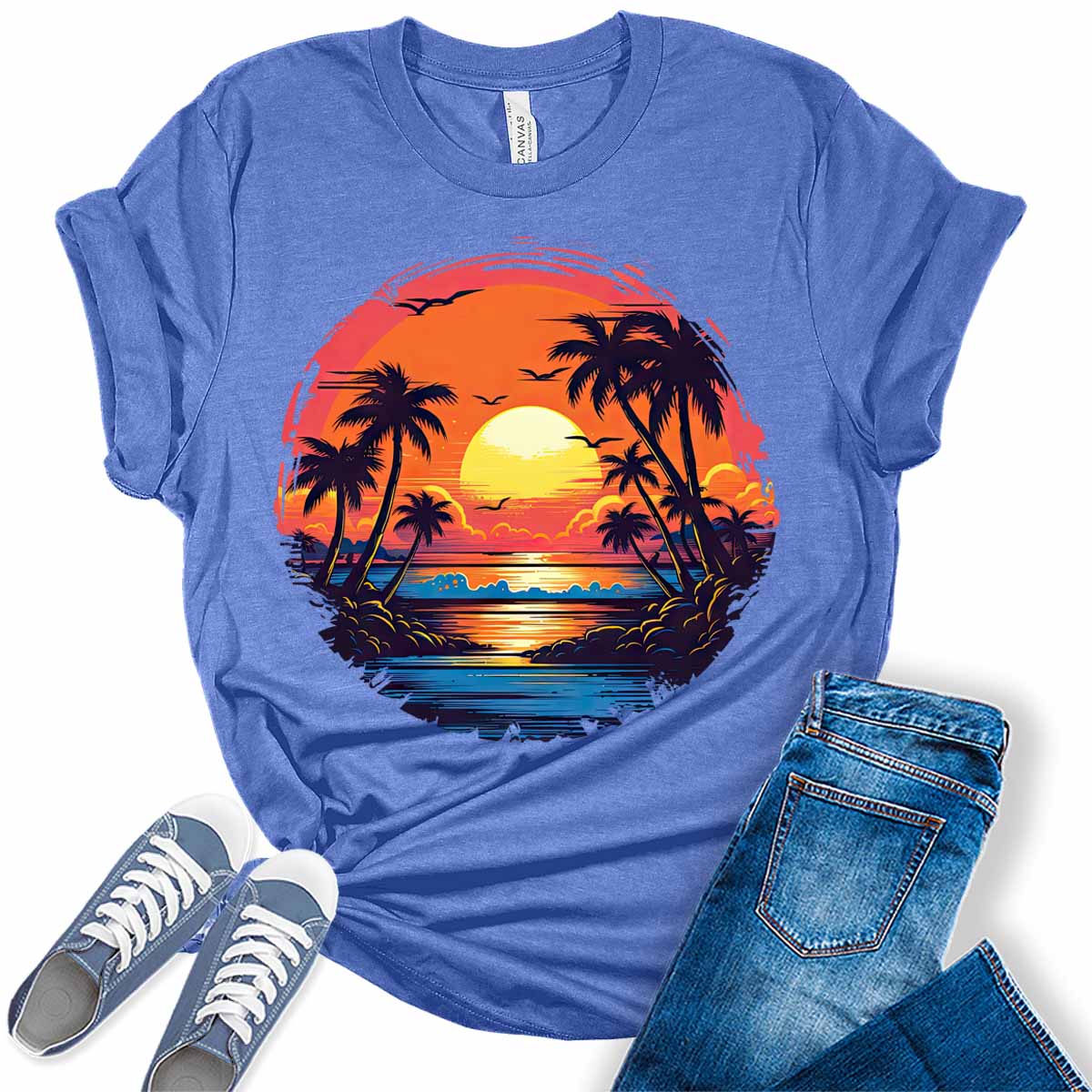 Womens Beach Shirt Casual Palm Tree Tshirt Tropical Bella Graphic Tees Short Sleeve Summer Tops