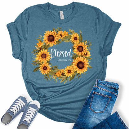 Christian Shirts for Women Blessed T Shirt Letter Print Sunflower Top Floral Wreath Women's Religious Graphic Tee