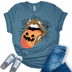 Leopard Lips Pumpkin Tongue Spider Webs Women's Halloween Graphic Tee