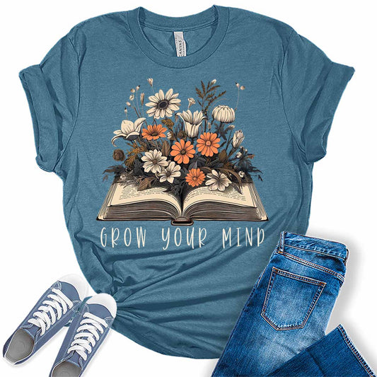 Womens Teacher Grow Your Mind Shirts Floral Book Lovers Tshirts Cute Wildflower School Reading Short Sleeve Vintage Graphic Tees