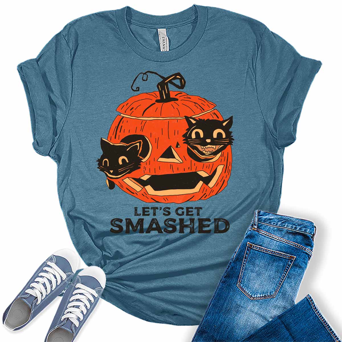 Let's Get Smashed Black Cats Pumpkin Women's Halloween Graphic Tee