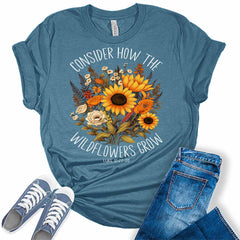 Christian Shirts for Women Consider How The Wildflowers Grow Floral Sunflower Women's Religious Graphic Tee