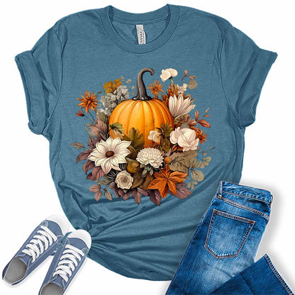 Womens Fall Graphic Tees Pumpkin Shirts Halloween Tshirts Cute Short Sleeve Thanksgiving Clothes