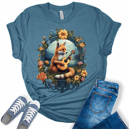 Womens Fox Shirt Cottagecore Aesthetic Cute Animal Playing Guitar Tshirts Short Sleeve Bella Graphic Tees Casual Summer Tops