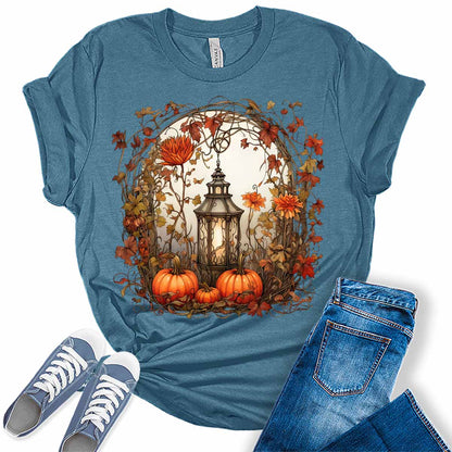 Womens Fall Floral Graphic Tees Pumpkin Shirts Lantern Halloween Tshirts Vintage Cute Short Sleeve Clothes