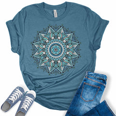 Aqua Mandala Shirt Casual Vintage Graphic Tees for Women Short Sleeve Plus Size Summer Tops