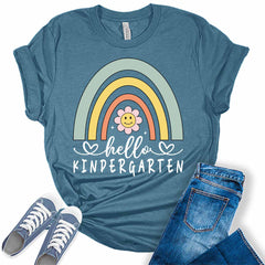 Hello Kindergarten Rainbow Flower Smiley Women's Teacher Graphic Tee