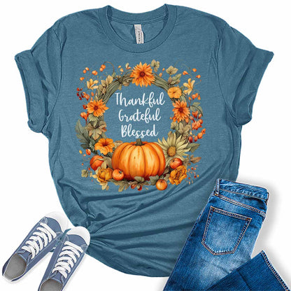 Womens Thanksgiving Shirt Fall Graphic Tees Cute Thankful Grateful Blessed Tshirt Vintage Floral Short Sleeve Tops