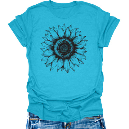 Women's Sunflower T Shirts Short Sleeve Tees Floral Graphic Loose Summer Tops