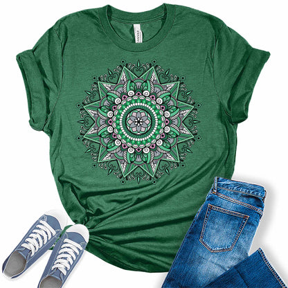 Green Mandala Shirt Casual Vintage Graphic Tees for Women Short Sleeve Plus Size Summer Tops