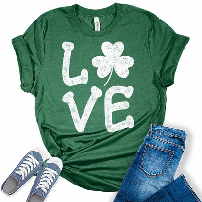 Love Shamrock T Shirt St Patricks Day Shirt Womens Letter Print Graphic Tees