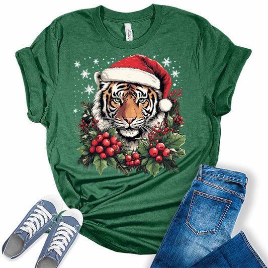 Christmas Tiger Santa Hat Xmas Holiday T-shirt