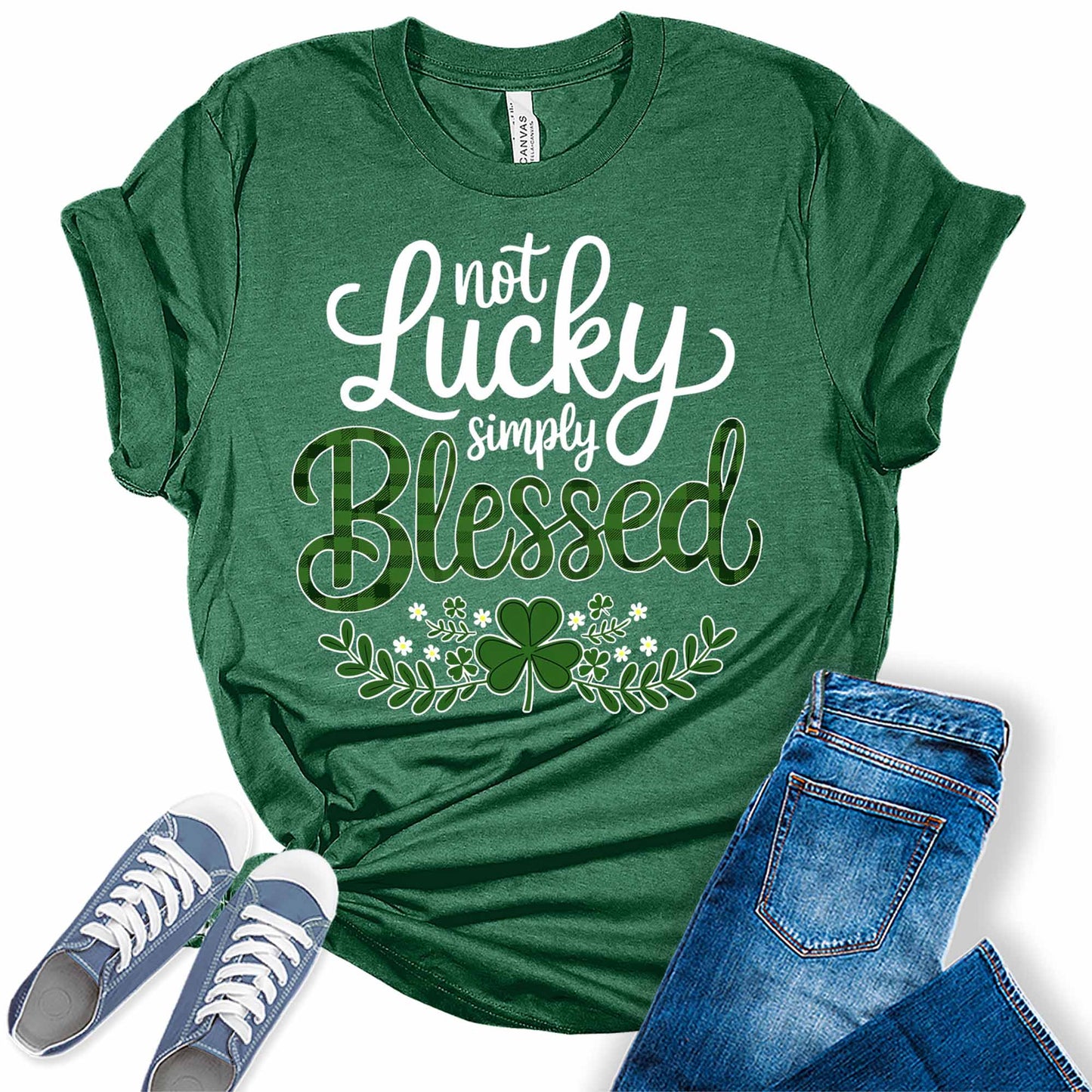 Women's St. Patrick's Day Not Lucky Simply Blessed Shamrock Graphic Tees