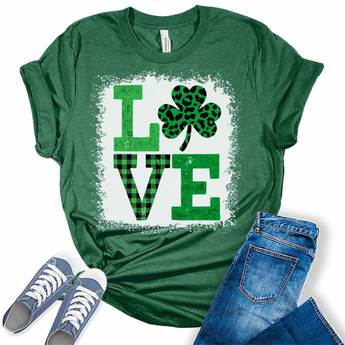 Love Shamrock Plaid T Shirt St Patricks Day Shirt Womens Bleach Print Graphic Tees