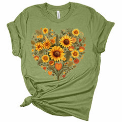 Women's Graphic Vintage Sunflower Heart T Shirt Summer Bella Top Casual Plus Size Tee