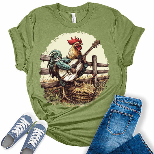 Rooster Playing Guitar Shirt Cottagecore Aesthetic T Shirt Trendy Farm Graphic Tees for Women