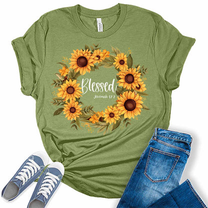 Christian Shirts for Women Blessed T Shirt Letter Print Sunflower Top Floral Wreath Women's Religious Graphic Tee