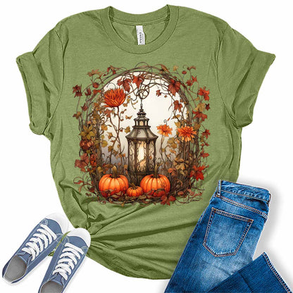 Womens Fall Floral Graphic Tees Pumpkin Shirts Lantern Halloween Tshirts Vintage Cute Short Sleeve Clothes