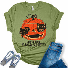 Let's Get Smashed Black Cats Pumpkin Women's Halloween Graphic Tee