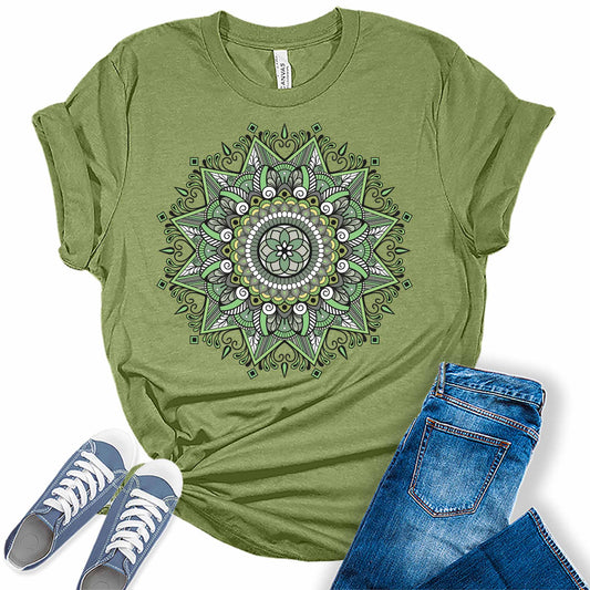 Vintage Green Mandala Shirt Casual Graphic Tees for Women Short Sleeve Plus Size Summer Tops