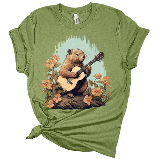 Beaver Playing Guitar Shirt Cottagecore Aesthetic Tshirt Cute Short Sleeve Bella Graphic Tee for Women