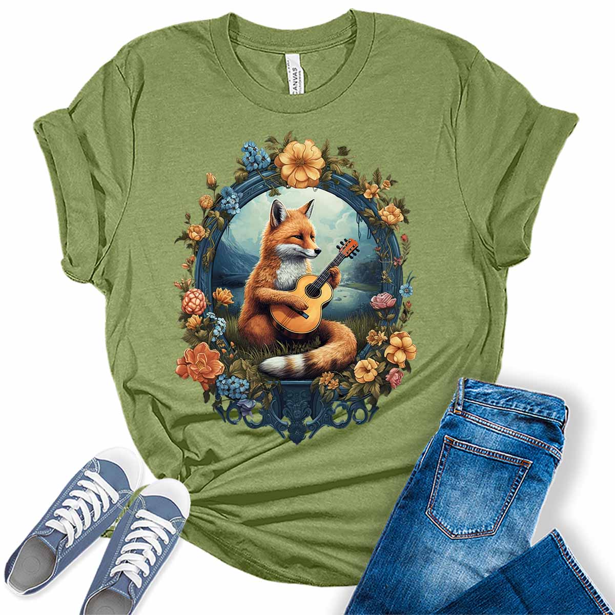 Womens Fox Shirt Cottagecore Aesthetic Cute Animal Playing Guitar Tshirts Short Sleeve Bella Graphic Tees Casual Summer Tops