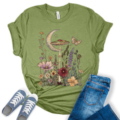 Cottagecore Aesthetic Floral Crescent Moon Flowers Graphic Tees for Women