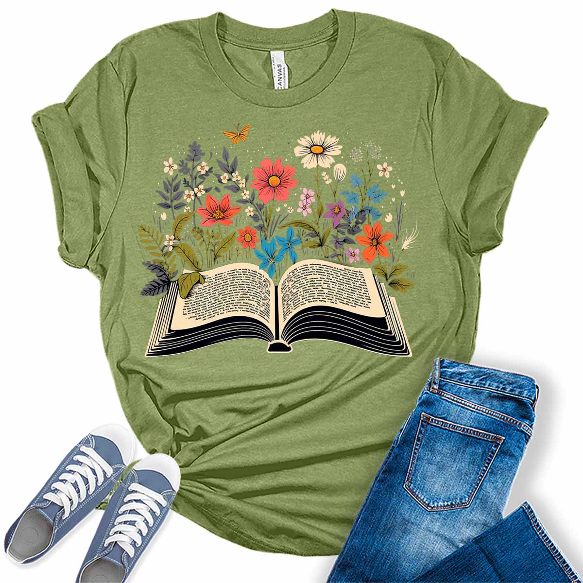 Womens Teacher Shirts Floral Book Lovers Butterfly Tshirts Cute Wildflower School Reading Short Sleeve Vintage Graphic Tees