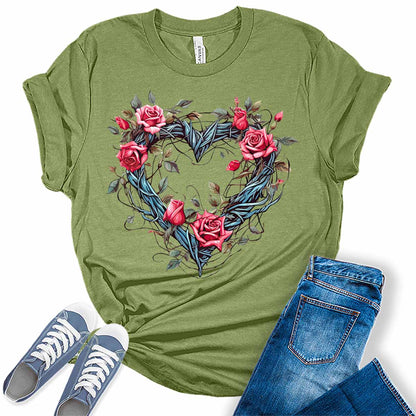 Womens Floral Vine Heart Shirt Cute Tshirts Bella Graphic Tees Casual Short Sleeve Summer Tops