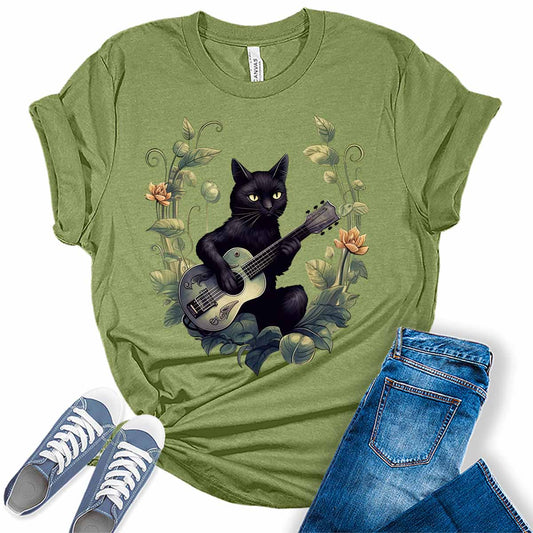 Womens Cat Shirt Cottagecore Clothing Cat Playing Guitar T-Shirts Cute Floral Short Sleeve Graphic Tees Plus Size Summer Tops