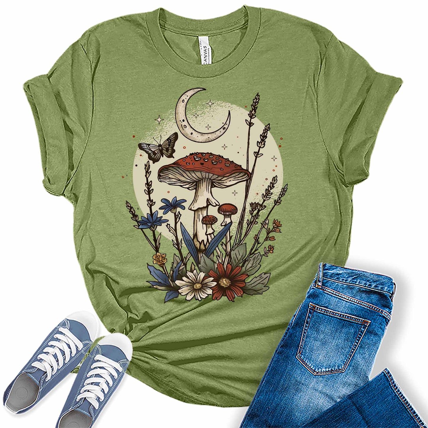 Mushroom Shirt Trendy Cottagecore Moon T Shirt Vintage Floral Butterfly Graphic Tees for Women