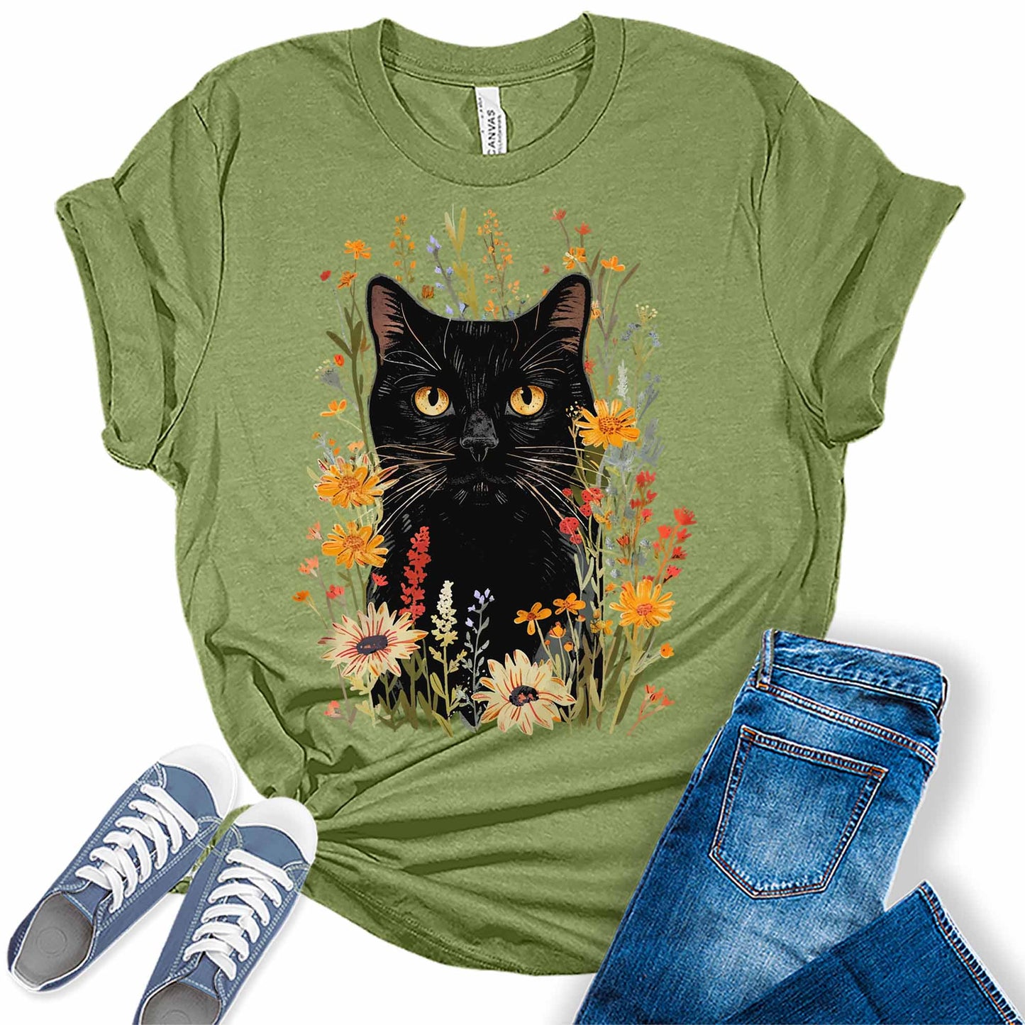 Trendy Black Cat Wildflowers Graphic Tees for Women