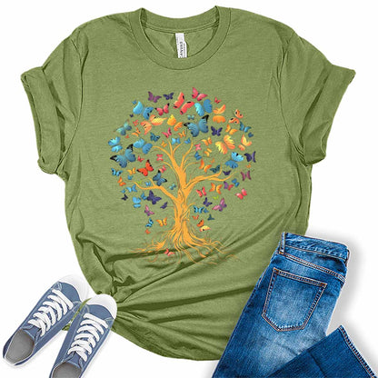 Butterfly Tree Shirt Casual Ladies Cute Floral Bella Graphic Tees Spring Short Sleeve Plus Size Summer Tops for Women