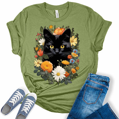 Wild Black Cat Flowers Graphic Tees for Women