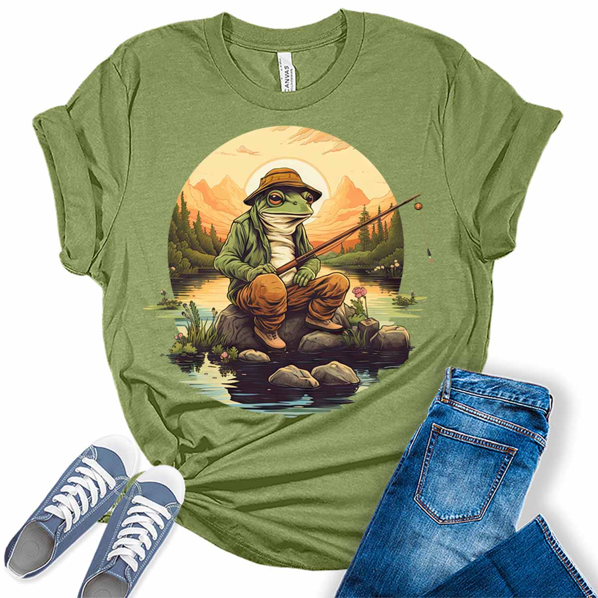 Frog Fishing On A Rock Aesthetic Cottagecore Women's Graphic Tee