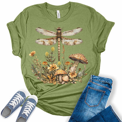 Dragonfly Shirt for Women Mushroom T Shirt Vintage Cottagecore Plus Size Graphic Tees