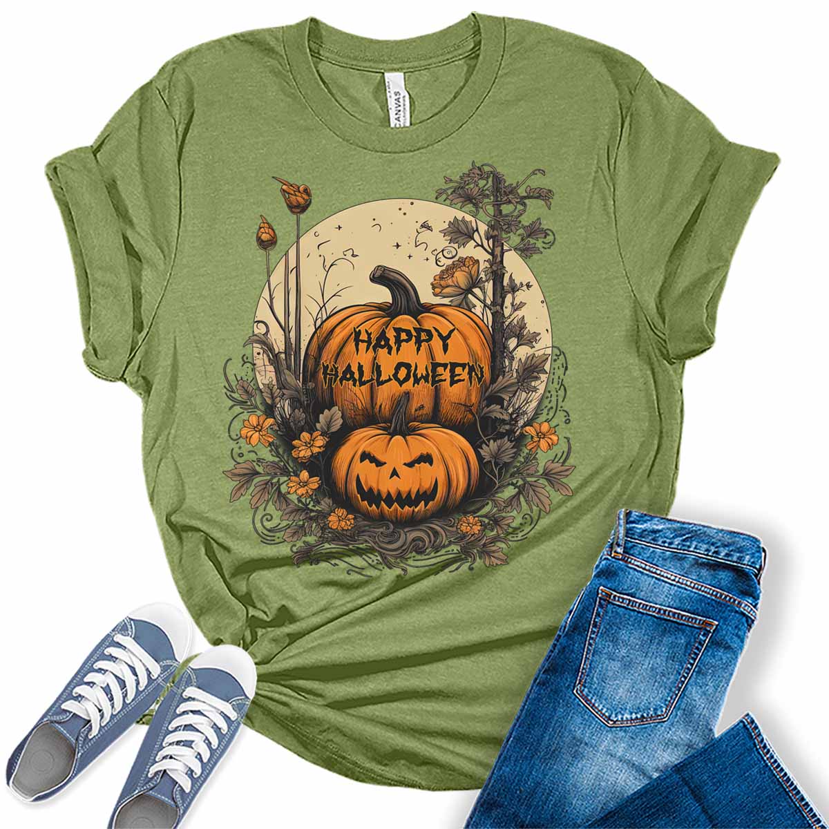 Happy Halloween Jack O'Lantern Floral Pumpkin Women's Graphic Tee