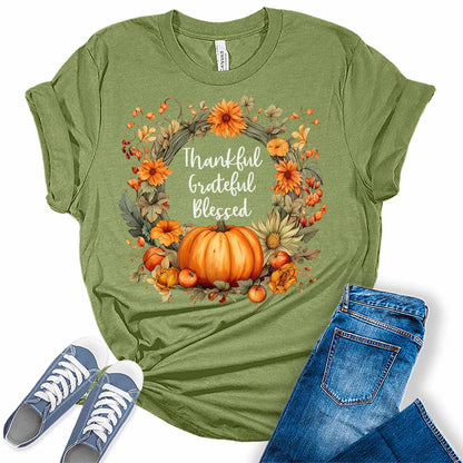 Womens Thanksgiving Shirt Fall Graphic Tees Cute Thankful Grateful Blessed Tshirt Vintage Floral Short Sleeve Tops