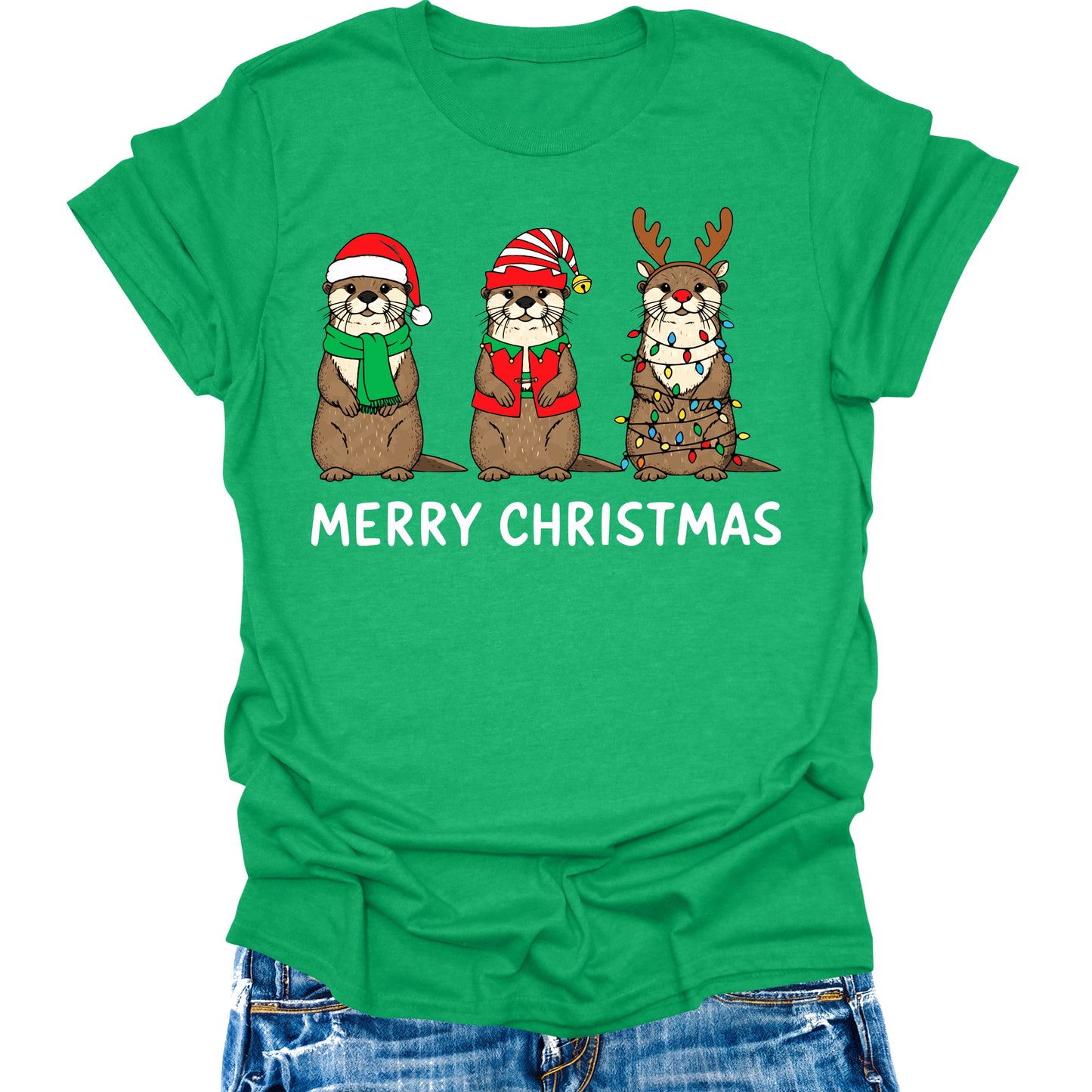 Otter Christmas Shirts For Women Graphic Tees Funny Merry Xmas Casual Short Sleeve Tops