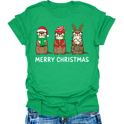 Otter Christmas Shirts For Women Graphic Tees Funny Merry Xmas Casual Short Sleeve Tops